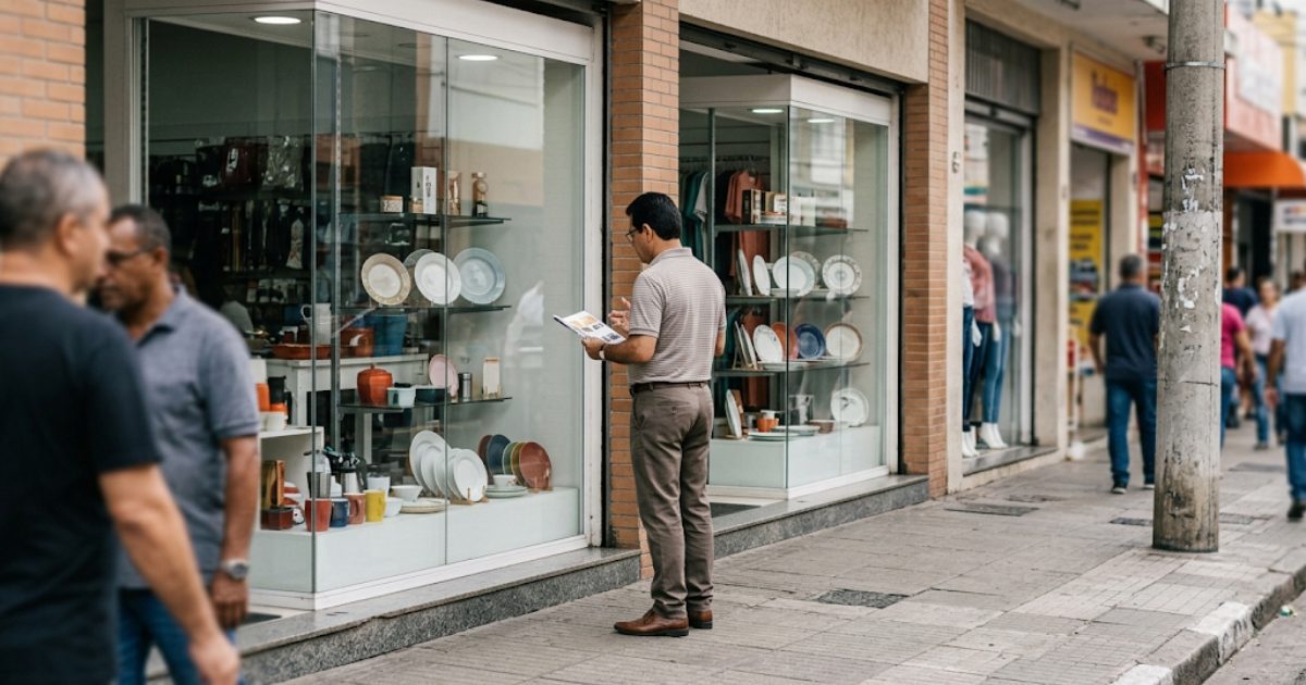 Pessoa observando e comparando vitrines de duas lojas semelhantes em rua comercial