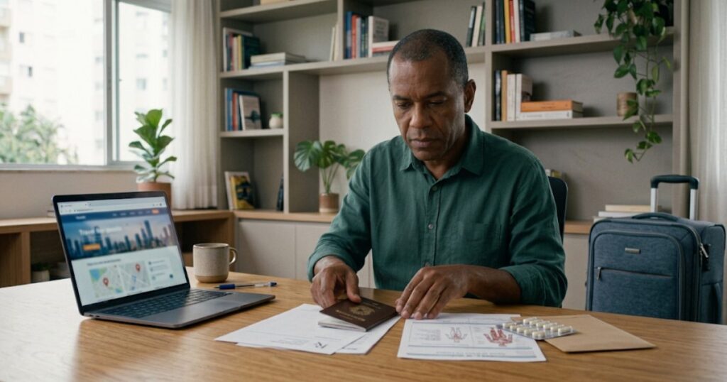 Homem organizando passaporte e documentos medicos com mala de viagem ao fundo
