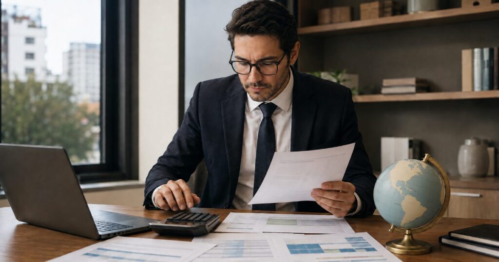 Consultor tributário analisando planilhas financeiras e calculadora sobre a mesa com um globo terrestre ao lado