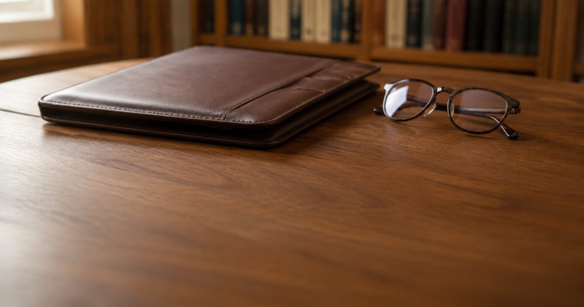 Pasta de couro fechada sobre mesa de madeira com oculos de leitura ao lado