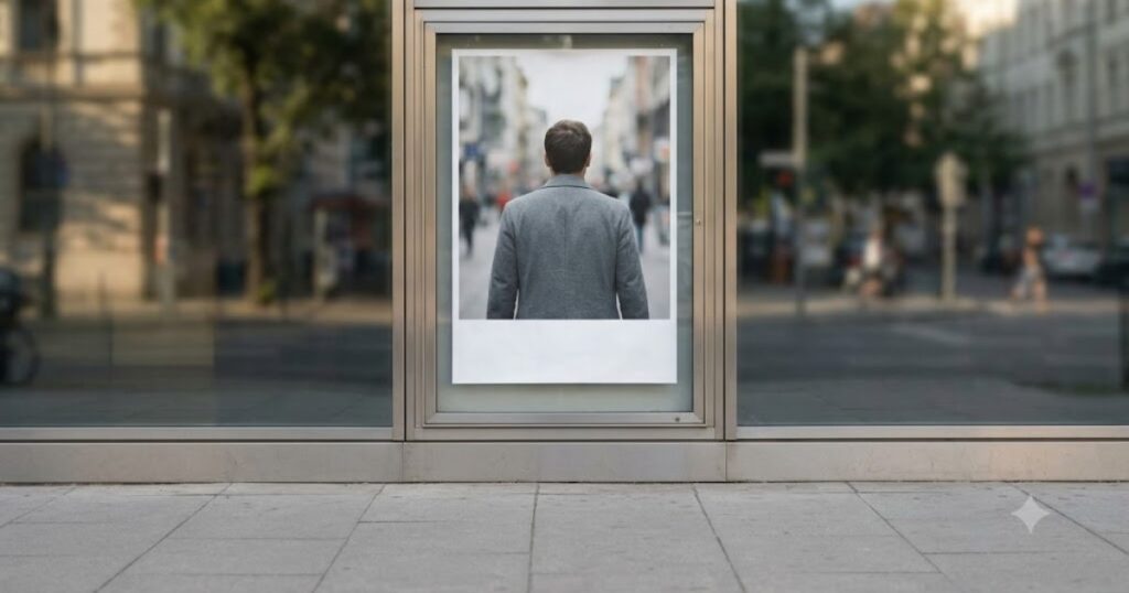 cartaz publicitario generico em vitrine de rua