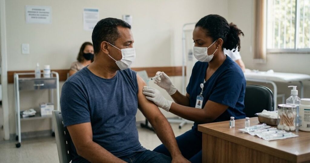 Enfermeira aplicando vacina no braco de um paciente adulto em uma clinica