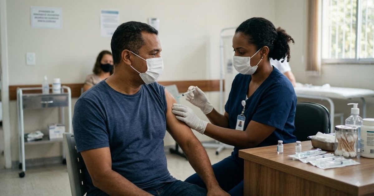 Enfermeira aplicando vacina no braco de um paciente adulto em uma clinica