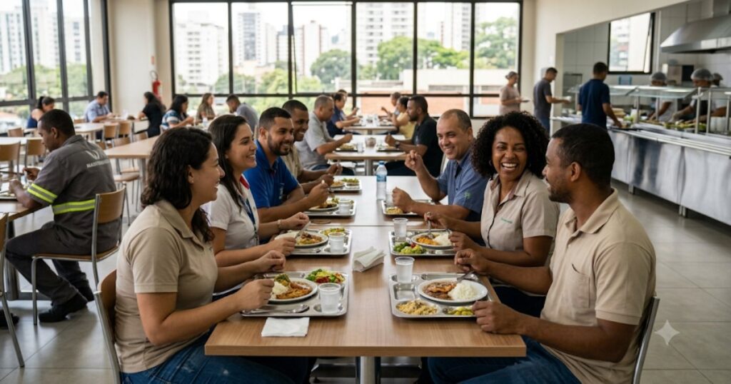 Trabalhadores almocando no refeitorio de uma empresa brasileira