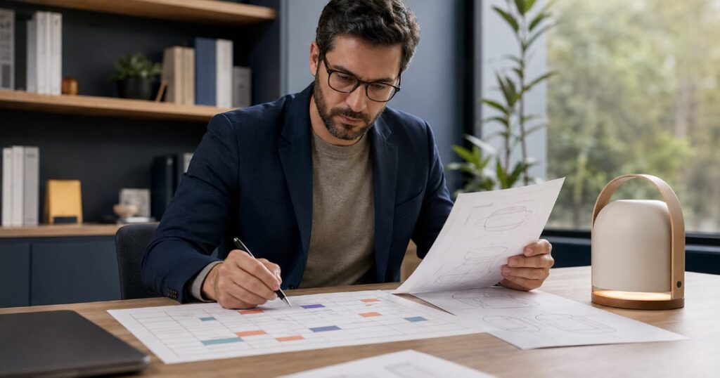 Profissional organizando calendário de prazos e revisando documentos de um produto de design no escritório