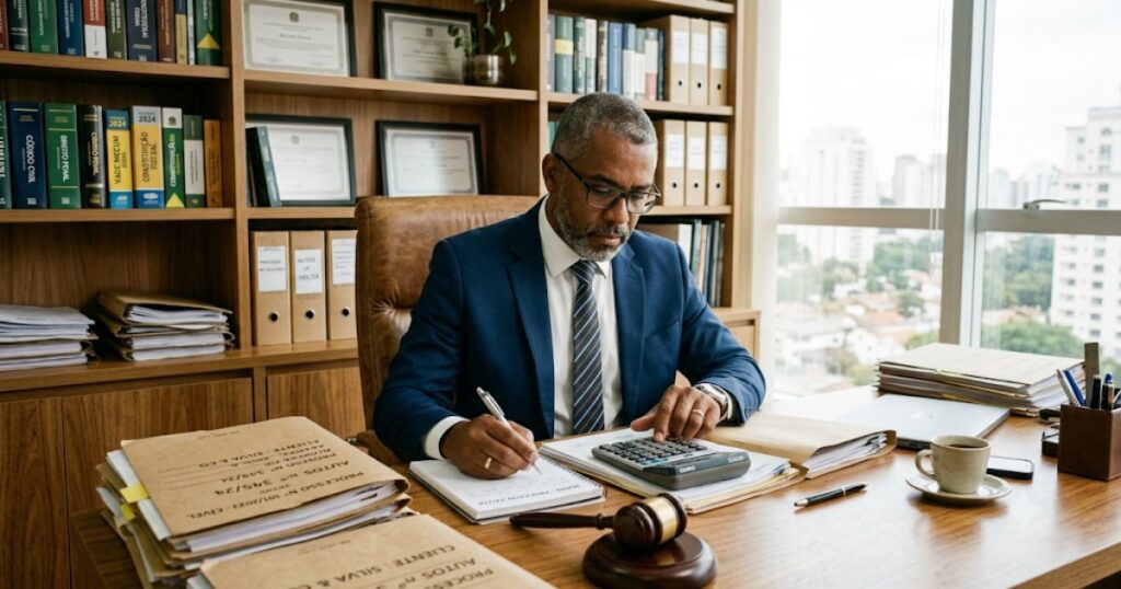 Advogado calculando valores em seu escritório com martelo de juiz na mesa, cena editorial sobre valor do dano moral