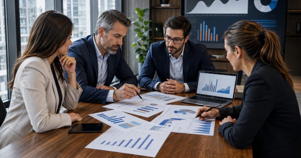 Executivos em reunião de negócios analisando gráficos de crescimento e relatórios financeiros sobre a mesa