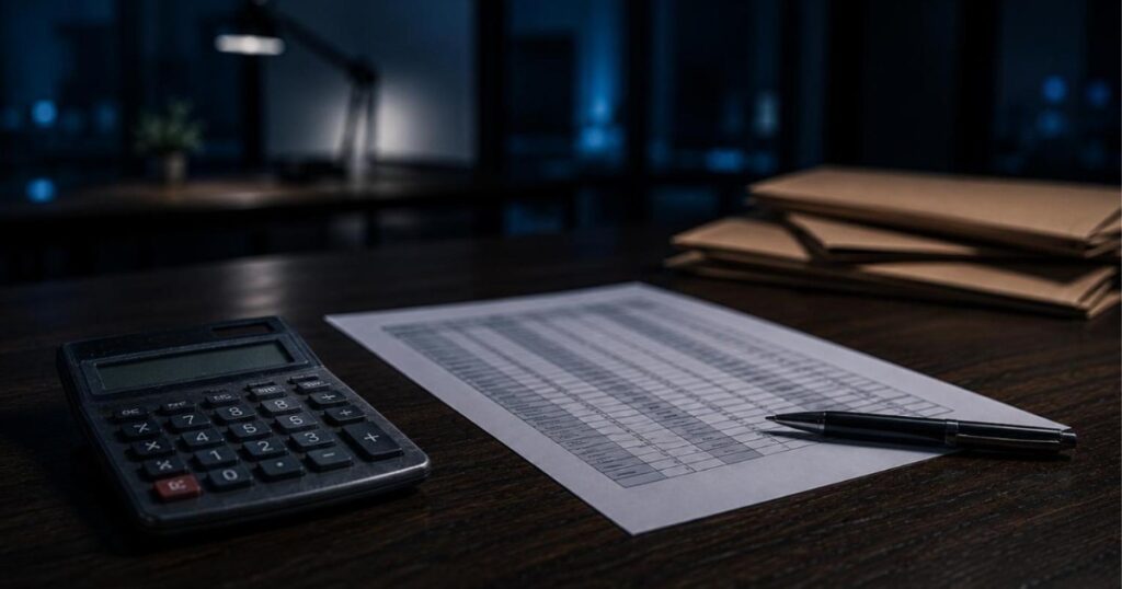 Calculadora e folha de cálculo de rescisão sobre mesa de madeira escura, com caneta e envelopes ao fundo, em ambiente de escritório noturno