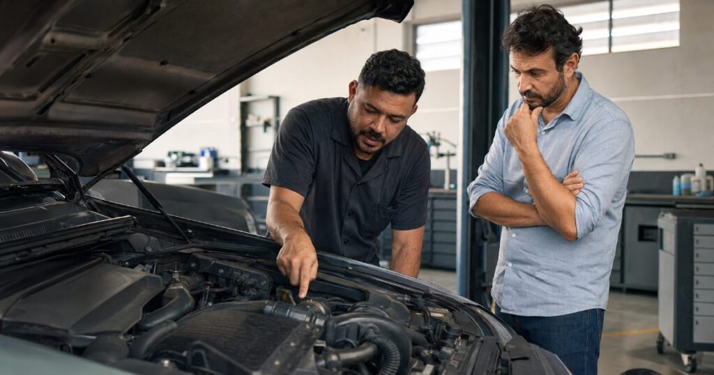 Mecânico apontando para um componente interno oculto sob o capô de um carro em uma oficina revelando um defeito não aparente ao cliente