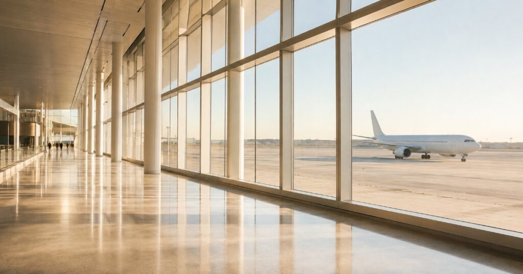 Saguao de aeroporto com grandes janelas de vidro e luz natural intensa