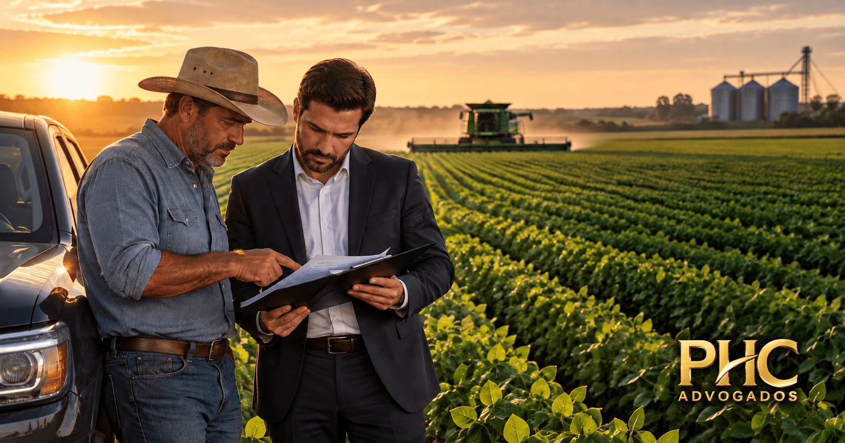 Plantação de soja com documentos de CPR e planejamento financeiro rural