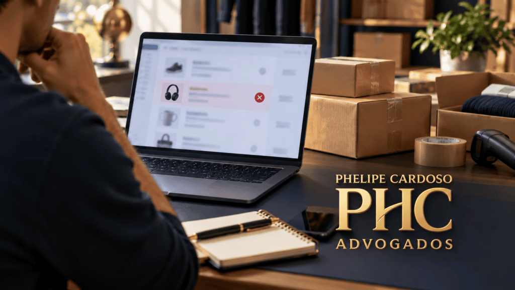 Vendedor de marketplace diante de anúncio removido em um computador, com caixas de mercadorias ao lado.