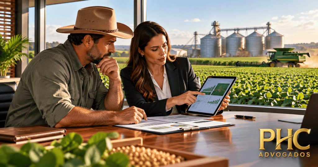 Gestora rural analisando recebíveis de trading em tablet
