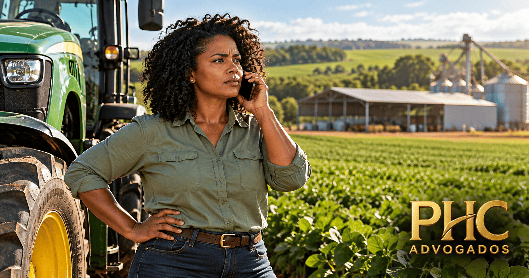 Produtora rural ao telefone ao lado de trator em lavoura