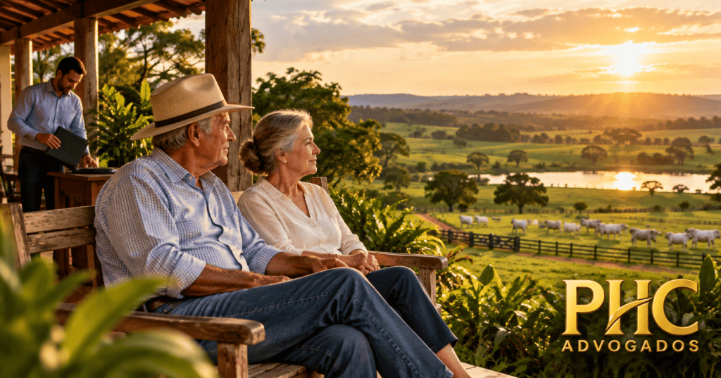 Casal de produtores idosos observando fazenda de gado