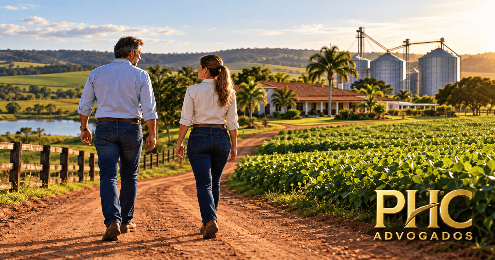 Compradores visitando fazenda com lavouras e silos