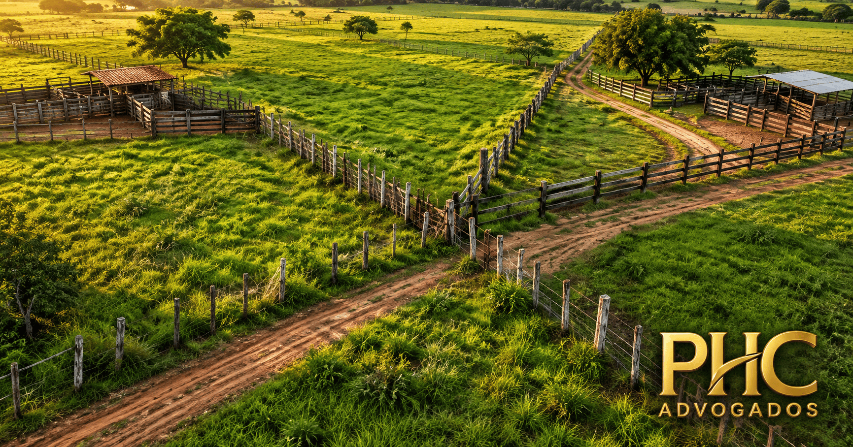 Vista aérea de propriedade rural com cercas e limites sobrepostos