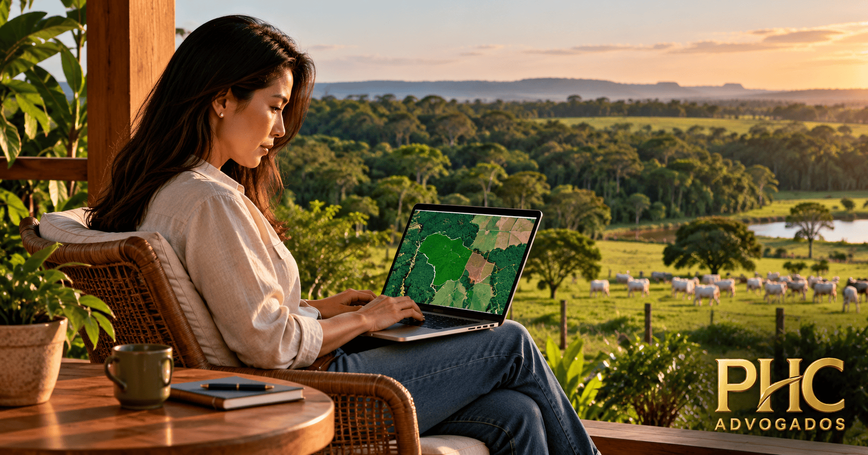 Profissional analisa mapa ambiental de fazenda em notebook, com área rural ao fundo