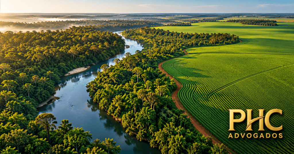 Vista aérea de lavoura integrada a mata e rio em imóvel rural
