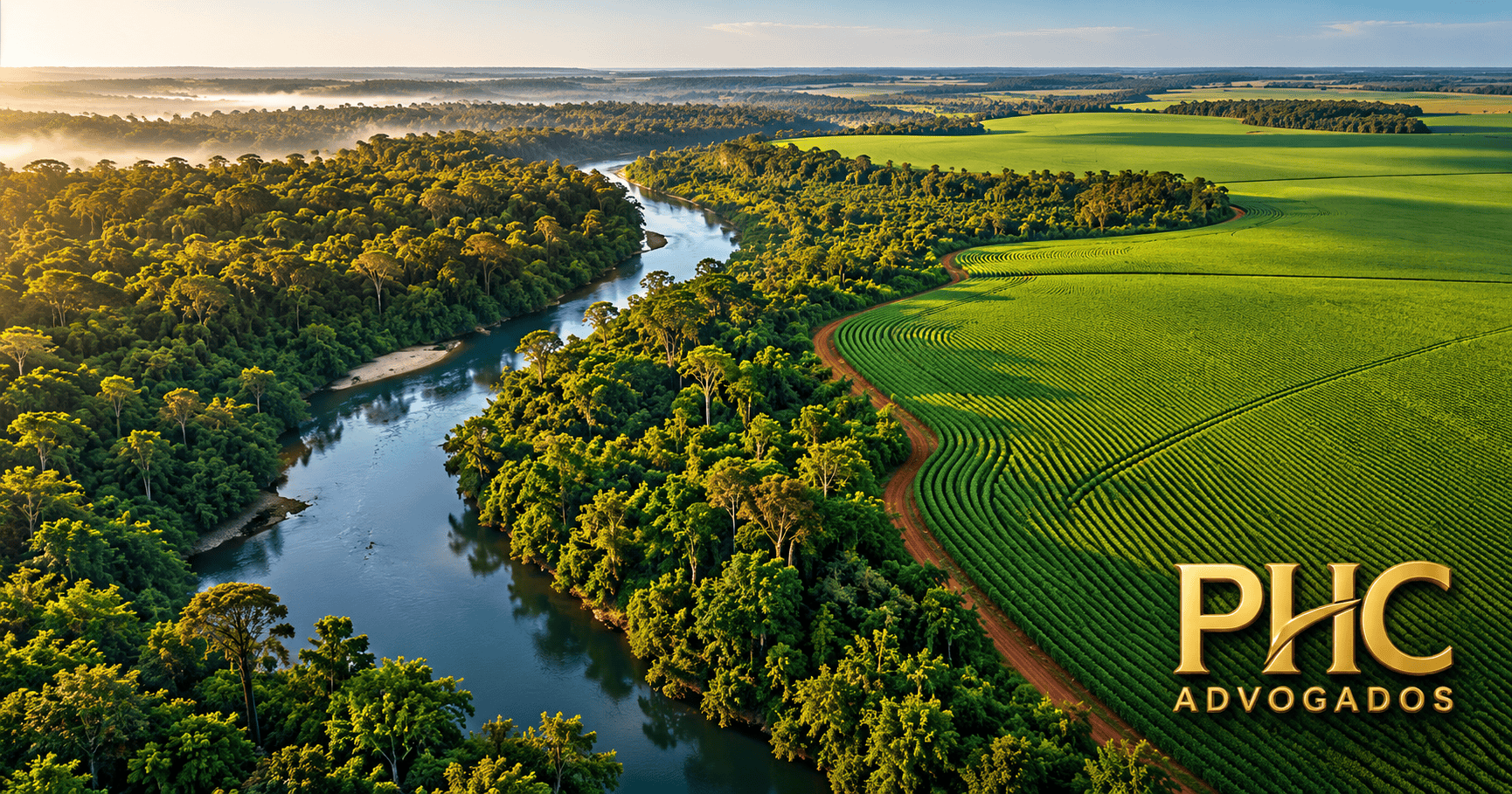 Vista aérea de lavoura integrada a mata e rio em imóvel rural