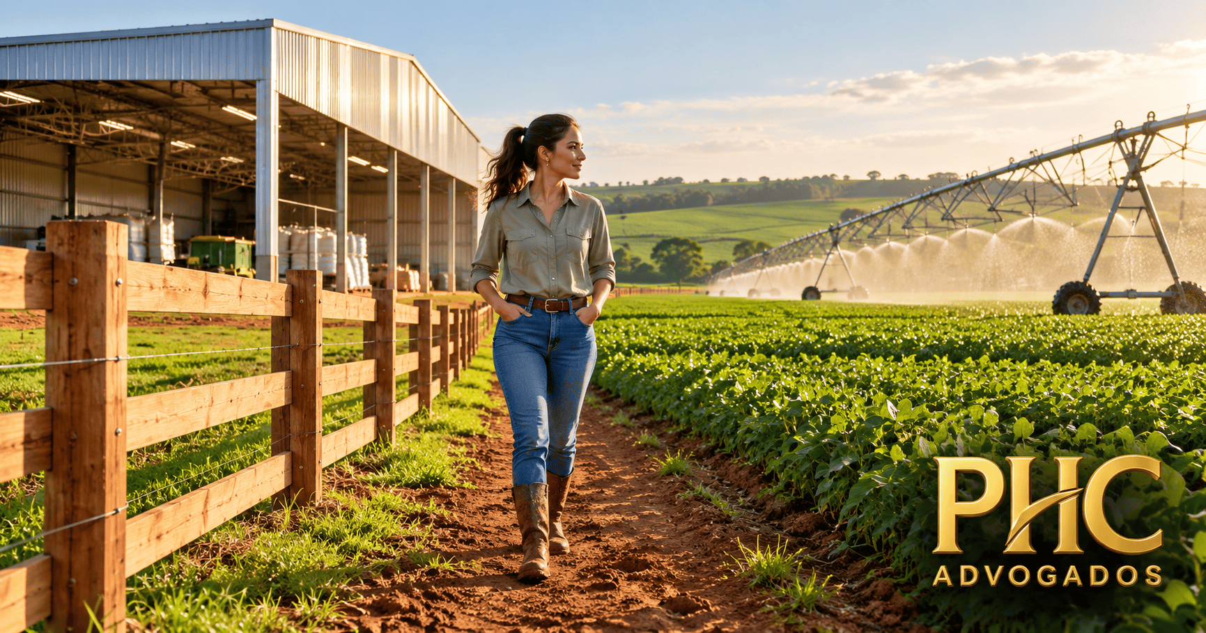 Produtora caminhando ao lado de benfeitorias e irrigação em fazenda arrendada