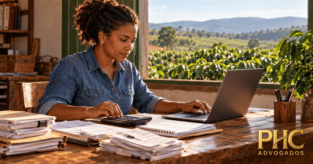 Produtora rural fazendo prestação de contas de parceria agrícola