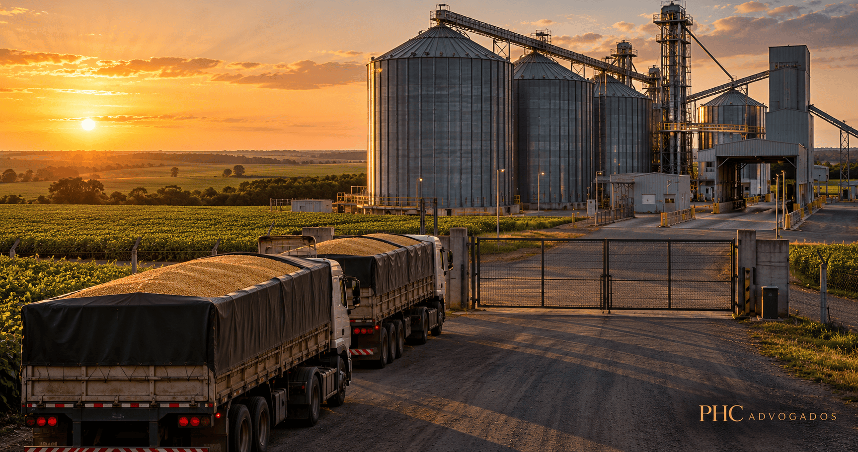 Caminhões de grãos diante de armazém e silos com portão fechado