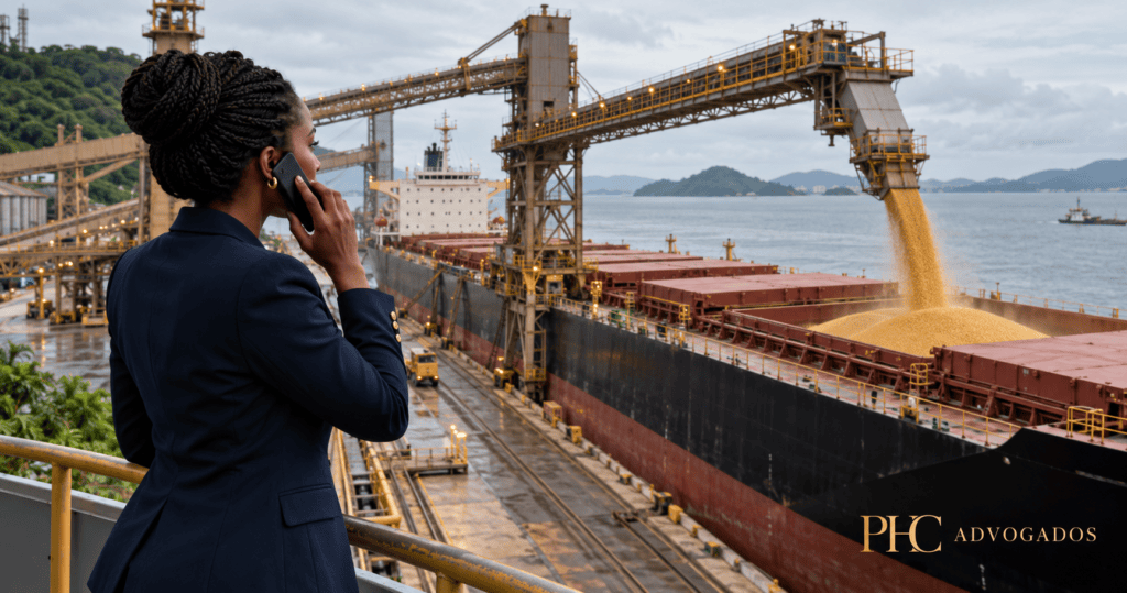 Executiva em terminal portuário durante exportação de commodities