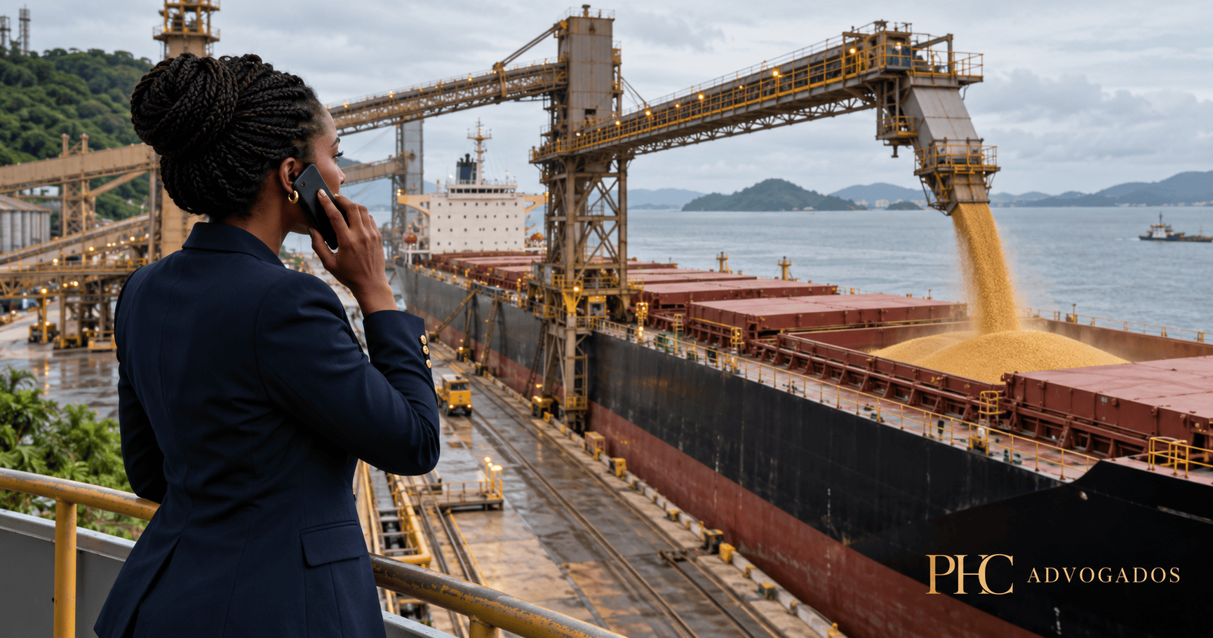 Executiva em terminal portuário durante exportação de commodities