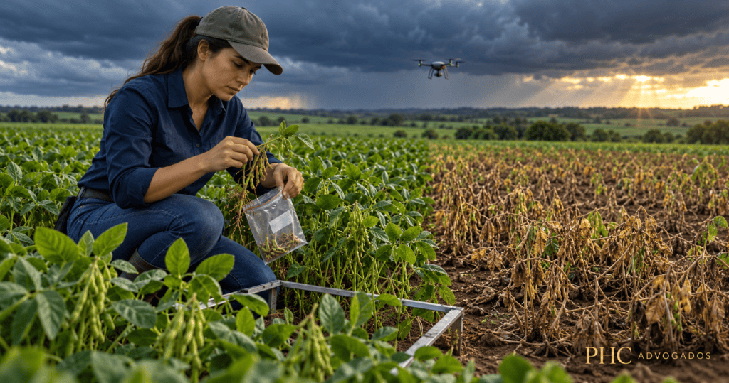 Agrônoma coletando amostras em lavoura danificada por evento climático