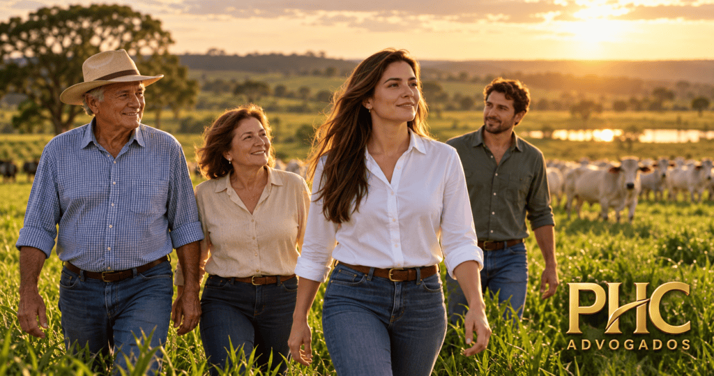 Família multigeracional caminhando em fazenda de pecuária