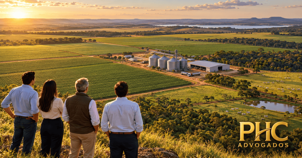Investidores observando fazenda moderna com lavouras e silos
