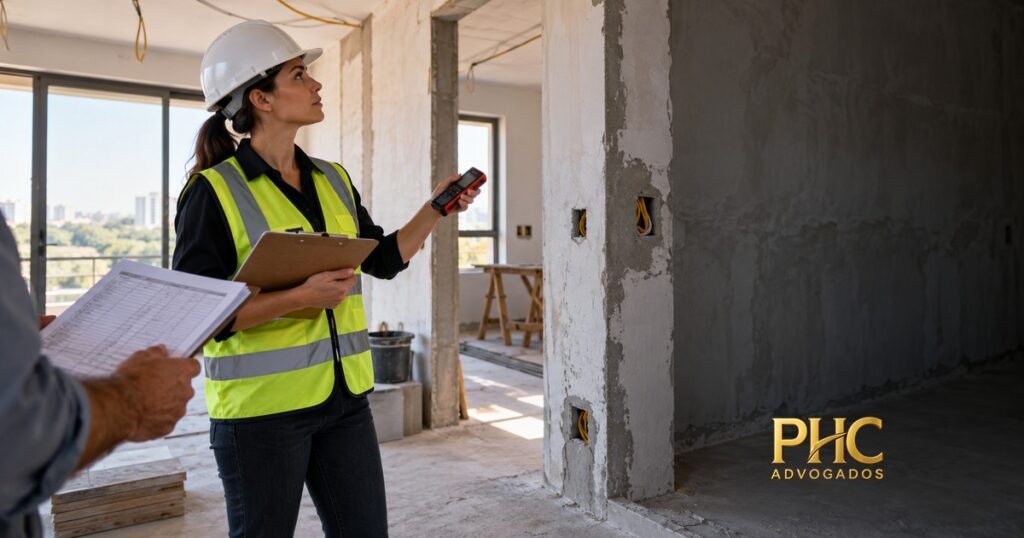 Profissional com capacete e colete confere medições em uma obra em andamento, com a marca PHC Advogados.