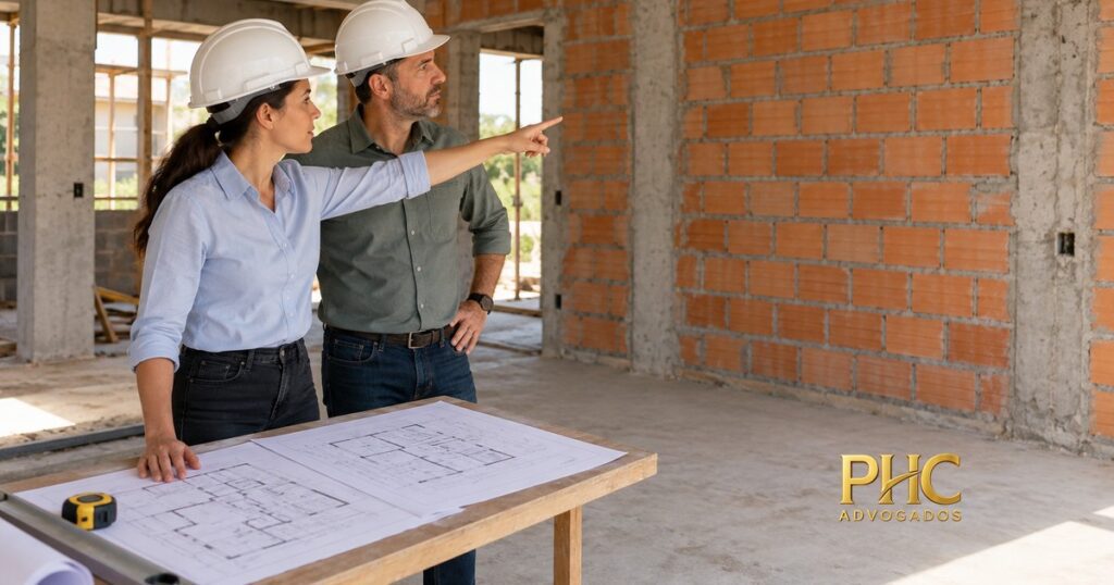 Duas pessoas com capacetes comparam uma planta e a execução de uma obra, com a marca PHC Advogados.