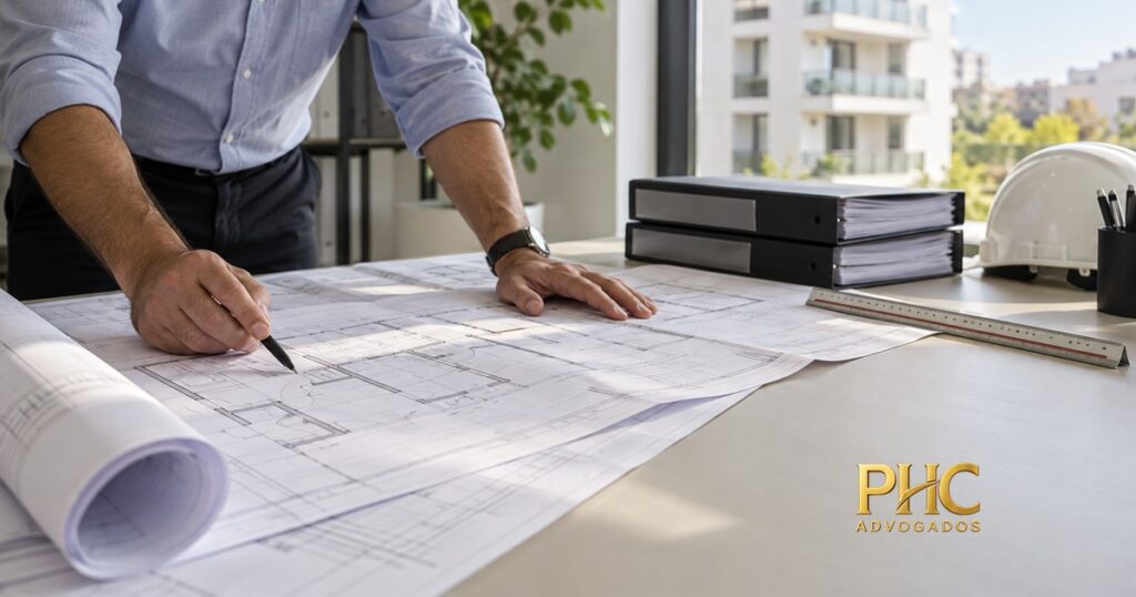 Pessoa examina plantas de construção sobre uma mesa com pastas e capacete, com a marca PHC Advogados.