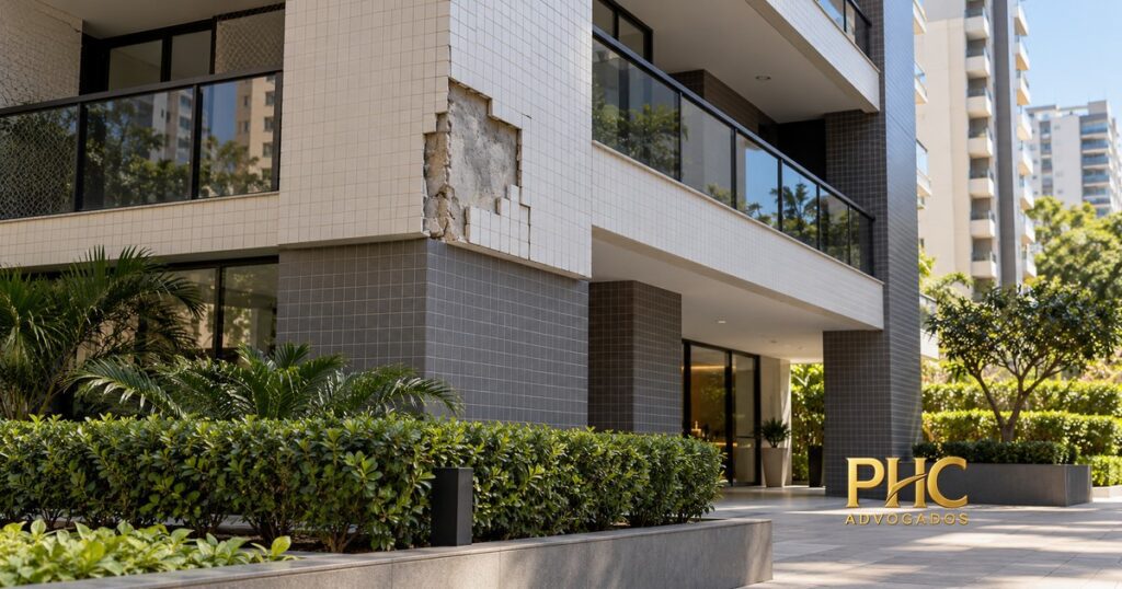 Fachada de edifício com área de revestimento desprendido, com a marca PHC Advogados.