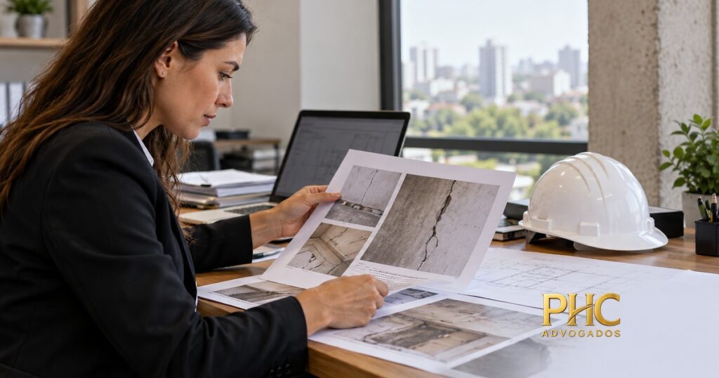 Mulher examina fotografias de rachaduras sobre plantas de obra, ao lado de um capacete, com a marca PHC Advogados.