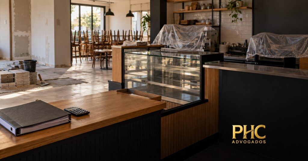 Estabelecimento comercial fechado para reforma, com equipamentos cobertos e a marca PHC Advogados.