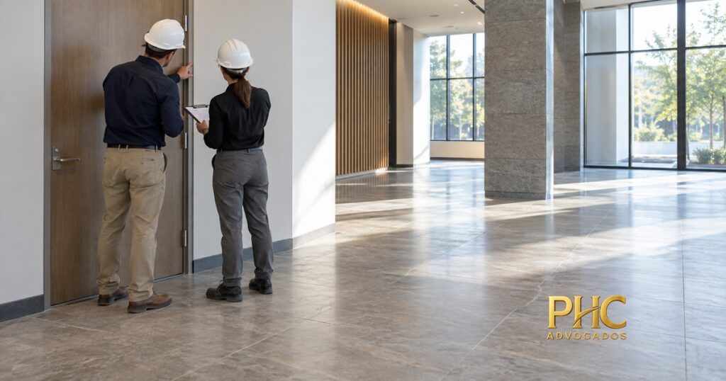 Duas pessoas com capacetes inspecionam uma porta e registram observações em um imóvel concluído, com a marca PHC Advogados.