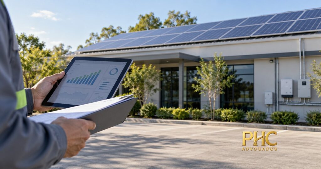 Profissional confere dados em tablet diante de imóvel com painéis solares, com a marca PHC Advogados.