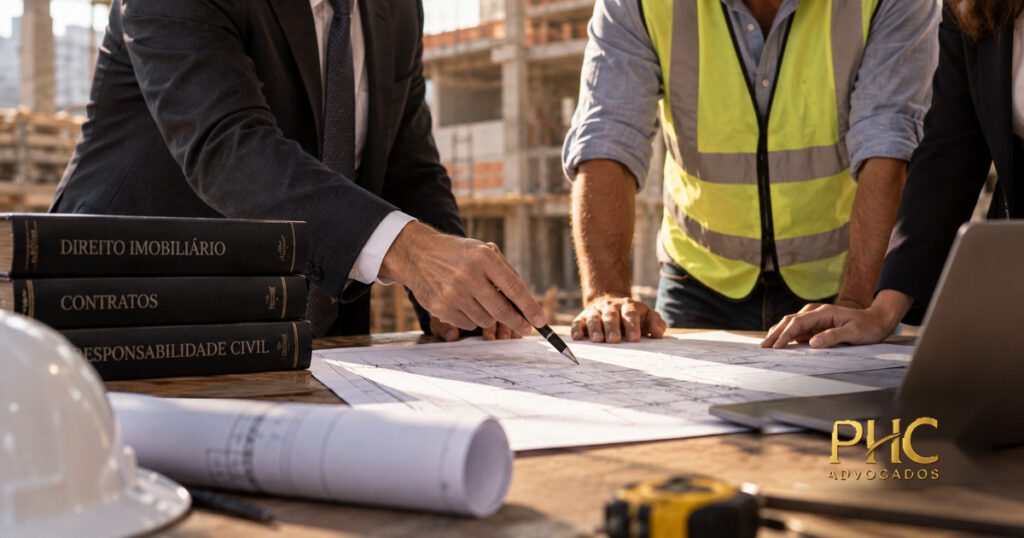 Análise de documentos e custos de obra interrompida, com identidade visual PHC Advogados