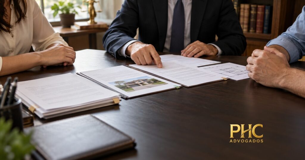 Três pessoas analisam documentos e imagens de imóvel sobre uma mesa, com a marca PHC Advogados.