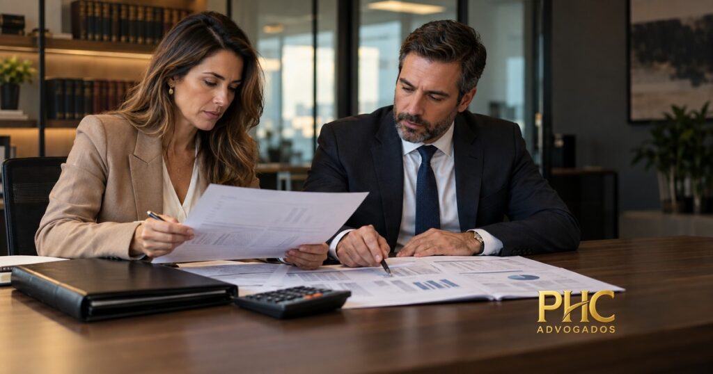 Duas pessoas analisam documentos e gráficos contábeis sobre uma mesa, com a marca PHC Advogados.