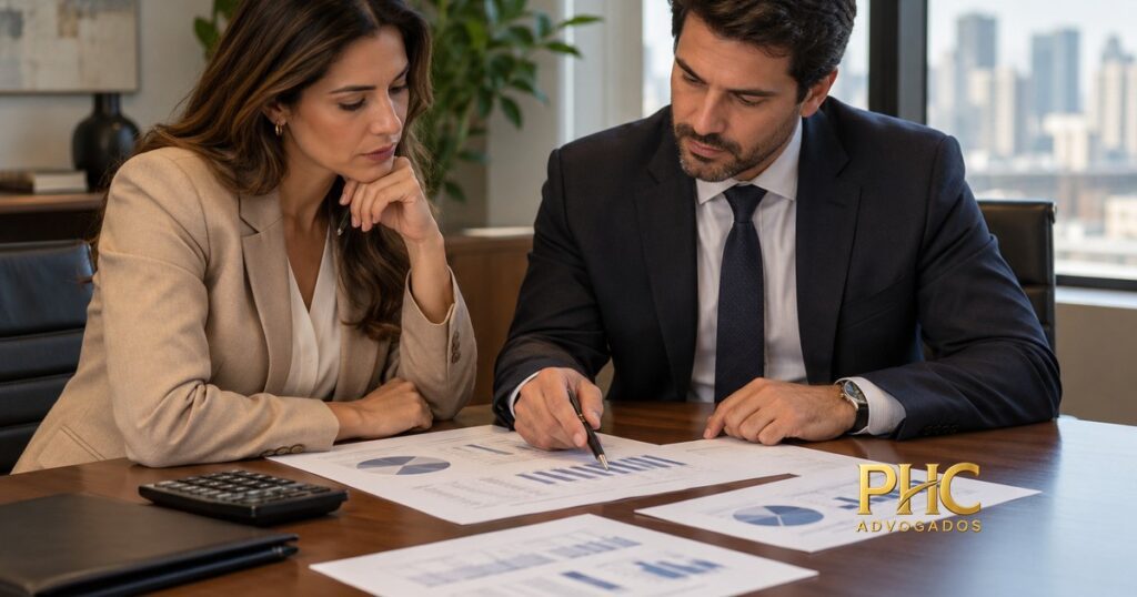 Duas pessoas analisam gráficos e documentos contábeis ao lado de uma calculadora, com a marca PHC Advogados.