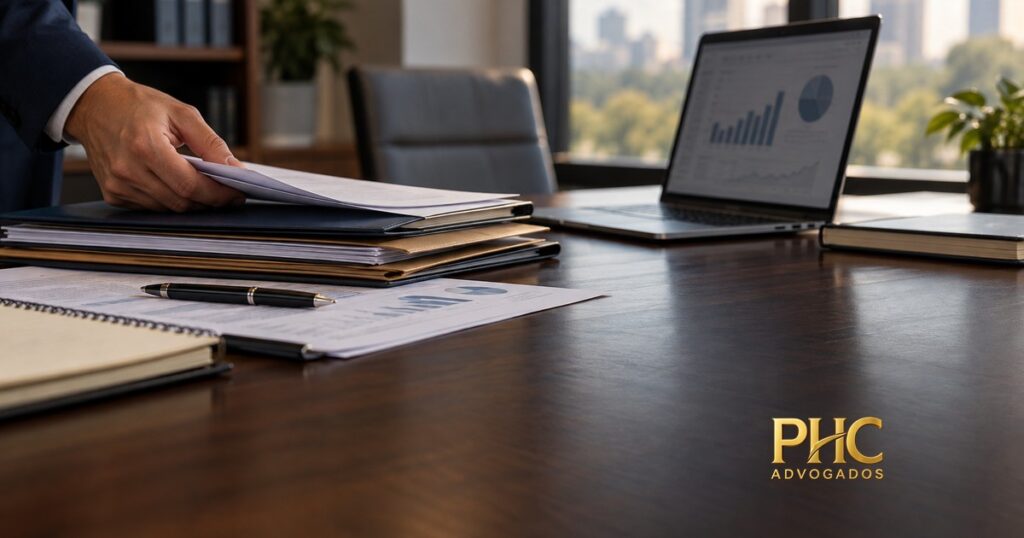 Pessoa organiza documentos e pastas diante de um computador com gráficos, com a marca PHC Advogados.