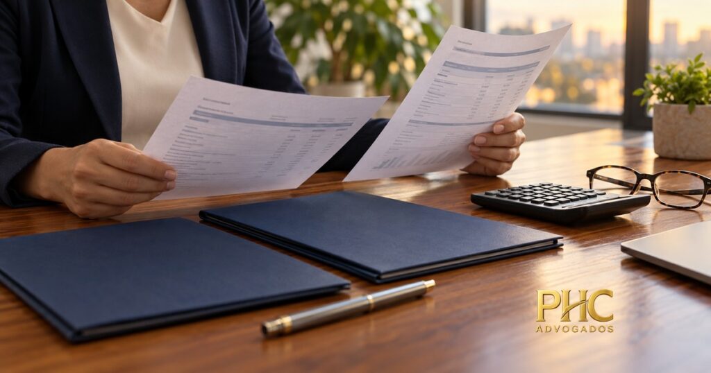 Pessoa compara documentos financeiros em uma mesa com pastas, calculadora e óculos, com a marca PHC Advogados.