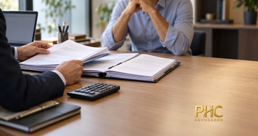 Pessoas analisam documentos e cálculos sobre uma mesa de escritório, com a marca PHC Advogados.