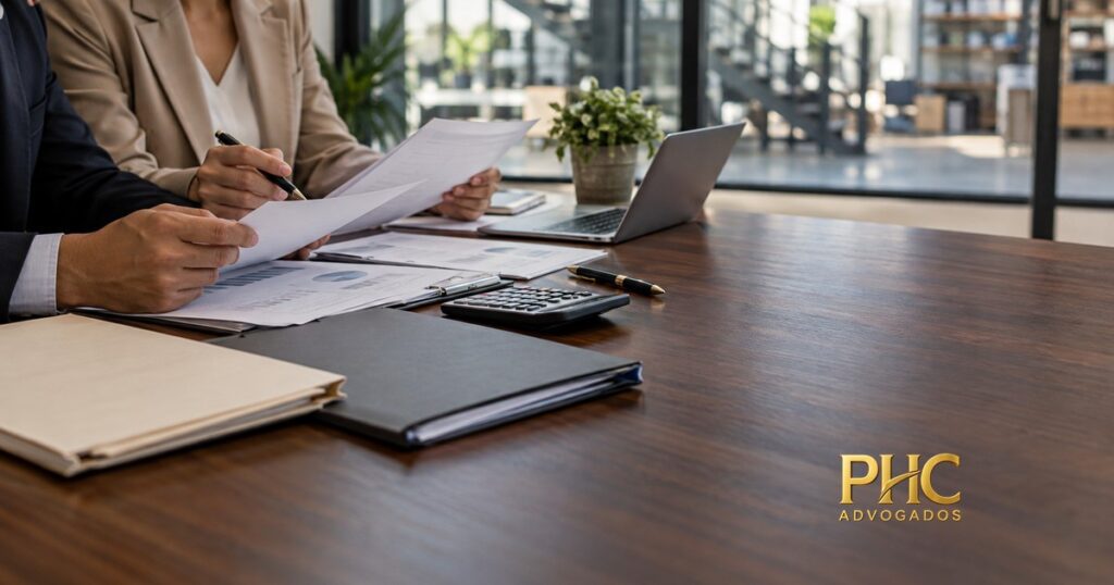 Pessoas analisam documentos empresariais e cálculos em mesa de escritório, com a marca PHC Advogados.