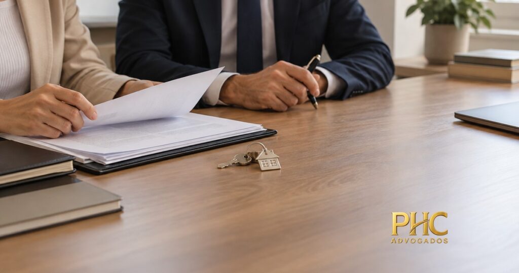 Duas pessoas examinam um documento sobre uma mesa com chaves de imóvel, com a marca PHC Advogados.