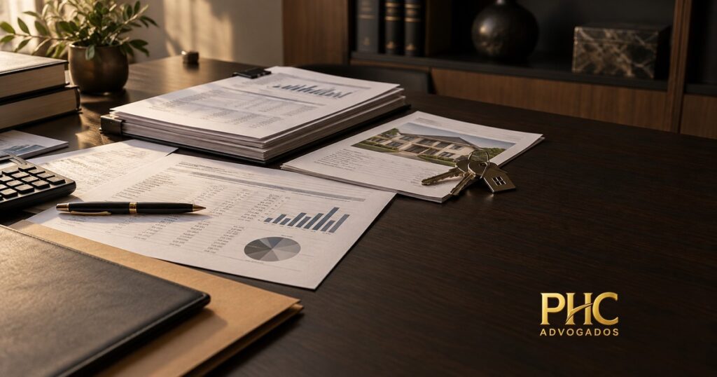 Documentos financeiros, chaves de imóvel e calculadora sobre uma mesa, com a marca PHC Advogados.